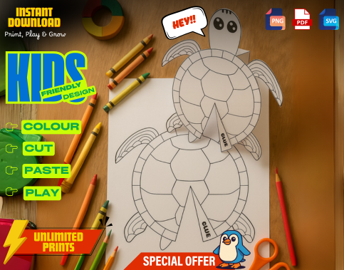 Turtle Paper Craft Kit for Kids, Printable 3D Coloring Activity