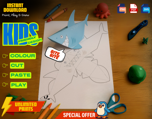 Shark Paper Craft Kit for Kids, Printable 3D Coloring Activity