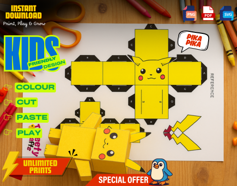 Pikachu Paper Craft Kit for Kids, Printable 3D Coloring Activity