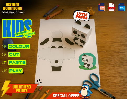 Panda Paper Craft Kit for Kids, Printable 3D Coloring Activity