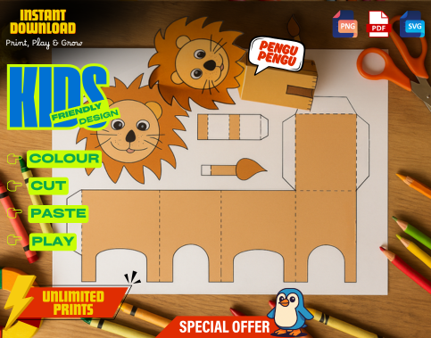 Lion Paper Craft Kit for Kids, Printable 3D Coloring Activity