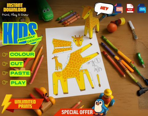 Giraffe Paper Craft Kit for Kids, Printable 3D Coloring Activity