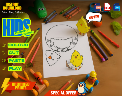 Chick Paper Craft Kit for Kids, Printable 3D Coloring Activity