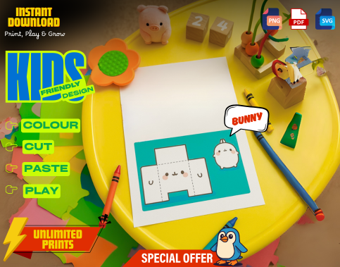 Bunny Paper Craft Kit for Kids, Printable 3D Coloring Activity