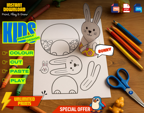 3D Bunny Printable Craft for Kids, Cut and Color Activity